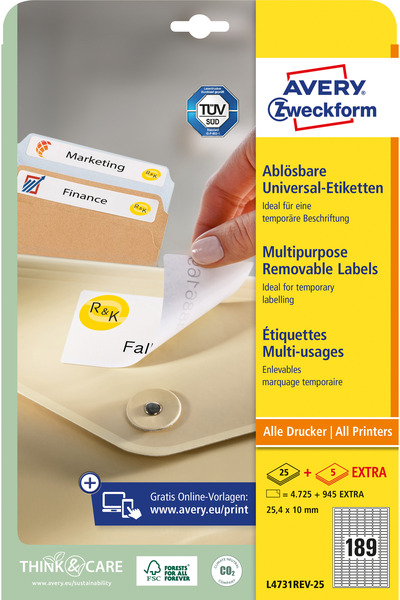Avery Zweckform Etichete L4731REV-25, repozitionabile 189/A4, 25,4x10mm, 25 c...