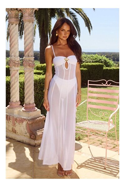 Modayakamoz Women's Mesh and Sendy Fabric Brooch Detailed Transparent Pareo