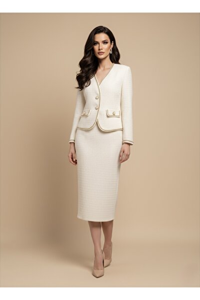 1Moda1Tarz Kadın İthal Tüvit Kumaş Düğme Detaylı Astarlı Ceket Etek Özel Tasarım Alt-Üst Takım