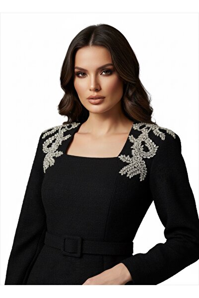 1Moda1Tarz Women's Imported Tweed Fabric Stone Embroidered Lined Special Design Midi Dress