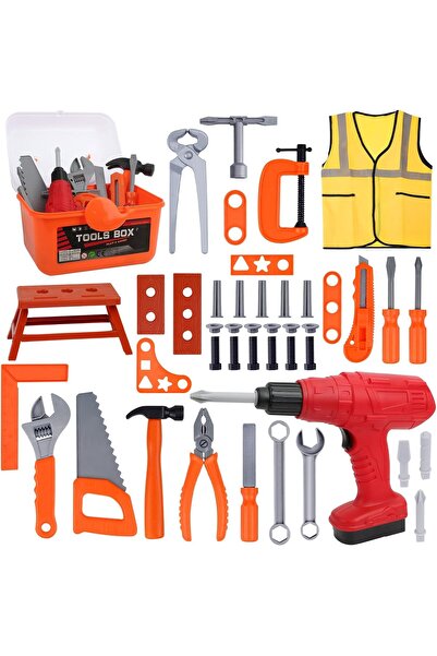 KidProtect First Drill 3in1 Children's Tool Kit, Storage Kit, Work Vest, 45 Pieces