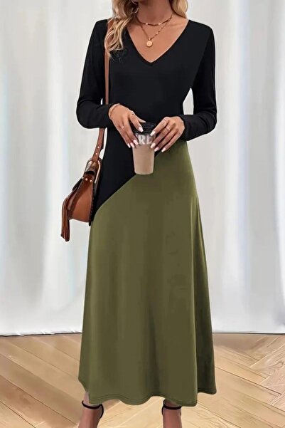 Mossta V Yaka Renk Bloklu Viskon Elbise - Yeşil