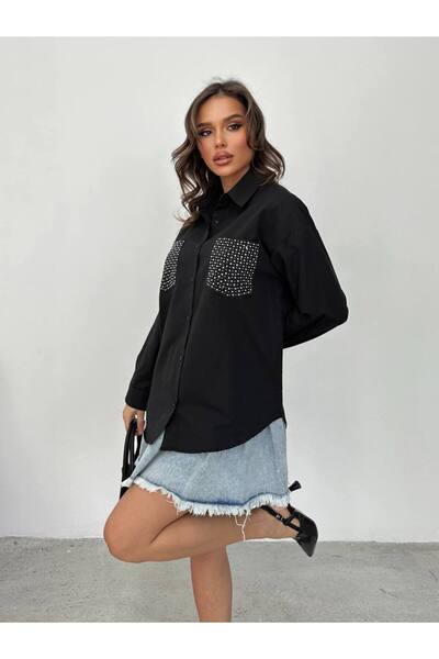 adel deniz collection قميص أسود من قماش البوبلاين المنسوج مع تفاصيل من الخرز،...