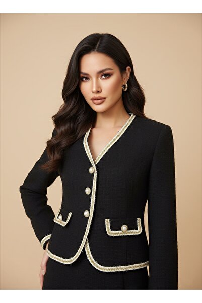 1Moda1Tarz Női importált tweed szövet gombos részletekkel bélelt kabát szoknya különleges dizájn alsó-felső szett