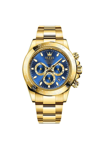 OLEVS Ceas de mână bărbătesc mecanic automat, lux elegant, cronograf, dată, analog, auriu/albastru