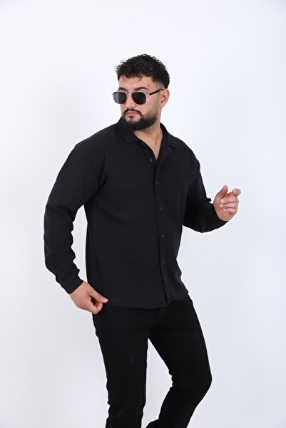 MYRAB DENİM Cămașă oversize neagră cu aspect de in pentru bărbați, cu mânecă ...