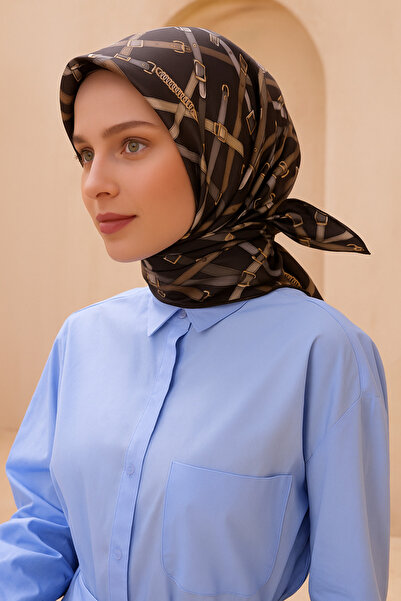 Belli Tivil Saf İpek Eşarp 4200 - 35 Kahverengi Zincir Desen