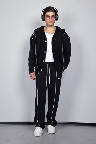 ablukaonline Мъжки комплект спортен екип с качулка и цип, голям размер, черен