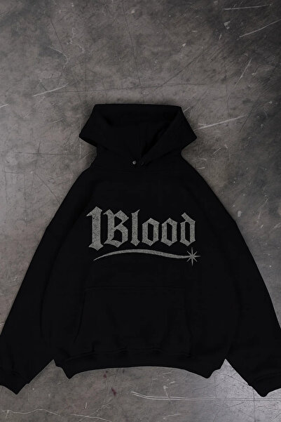 1blood سويت شيرت بقلنسوة كبير الحجم مطبوع عليه حجر أسود للجنسين