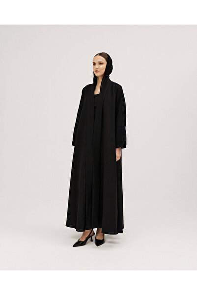 SOROSE SA عباية كتان مشجر كلوش بياقة طولية وتفاصيل تشجيرة على الأكمام - لون أسود