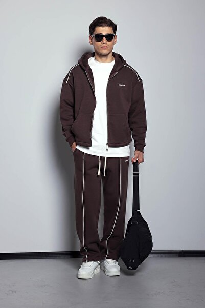 ablukaonline Мъжки комплект спортен екип с качулка и цип, кафяв