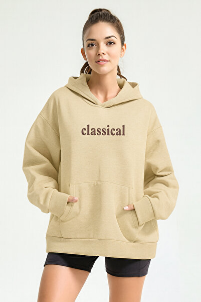 Trend Sizde Hanorac unisex bej cu glugă cu imprimeu clasic