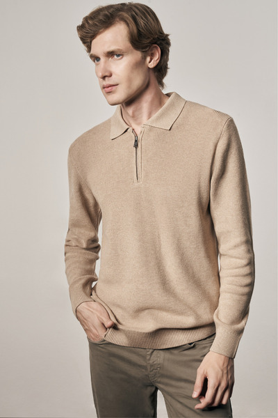 İmza Dark Beige Zippered Polo Neck Long Sleeve Pocketless Comfort Fit Casual Cotton Knitwear Sweater 1012255202