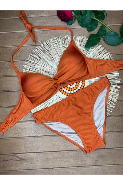 VAJESTO Kadın Kremit Likralı Esnek Boyundan Bağlama İpli Şık Kaliteli Hafif Dolgulu Bikini Takım