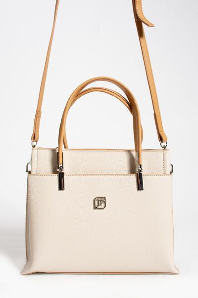 Just Polo 5 Compartment Plain Leather Medium Size Women's Shoulder Bag 5026 Cream Color