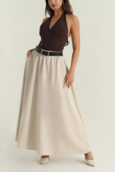 Esma Style Kadın Kemerli Beli Lastikli Cepli Liza Etek