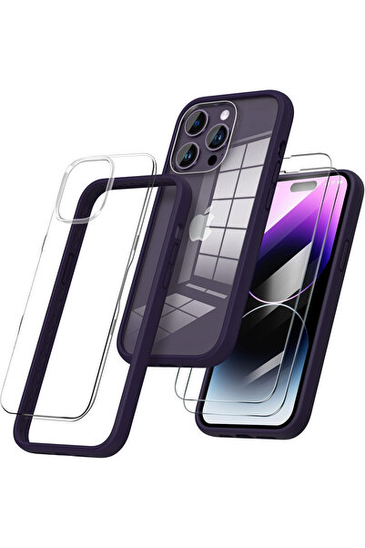ORNARTO Set husa si 2 folii de protectie pentru iPhone 14 Ornarto, violet inc...