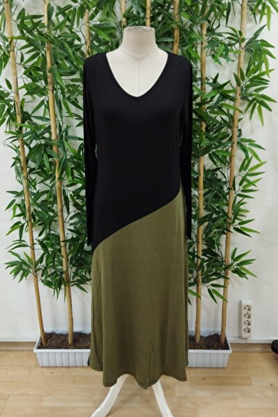 Mossta V Yaka Renk Bloklu Viskon Elbise - Yeşil