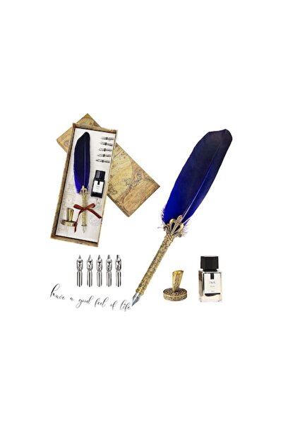 Doty Set de caligrafie vintage AntiqueFeather Doty®, cu penițe, călimară și suport, albastru regal