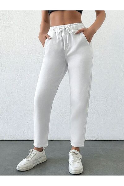 SHEVEGA Women's White Belt Elastic Mom Jeans