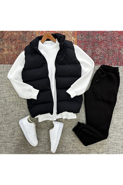 tiggirmoda Надувний жилет і оверсайз 3-нитковий велосипедний комір, товстий флісовий комплект, 3-х частинний набір