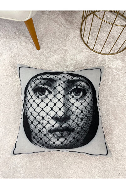 Brillant Açık Gri Fornasetti Lina Cavalieri Yüz Temalı Kırlent Kılıfı 45x45