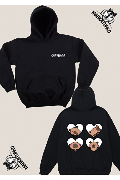 MarkaTurko Hanorac negru cu glugă CAPYBARA cu imprimeu pe două fețe