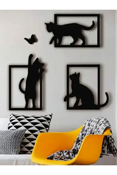 Goldesing 3'lü Set Siyah Dekoratif Kedi ve Kelebek Duvar Tablosu Ev Hediyesi Duvar Süsü