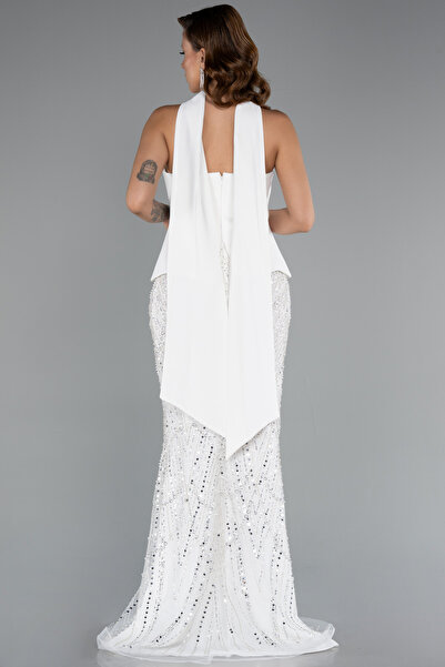 Abiyefon Ekru Straplez Peplum Detay Taşlı Uzun Balık Abiye ABU5131