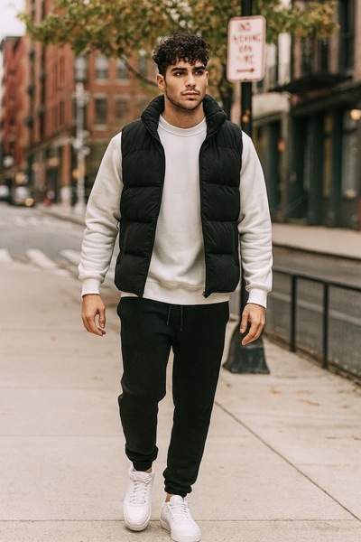 tiggirmoda Надувний жилет і оверсайз 3-нитковий велосипедний комір, товстий флісовий комплект, 3-х частинний набір