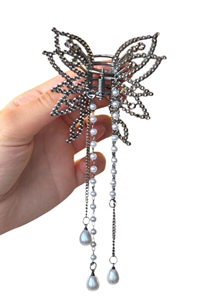 TAKIŞTIR Gray Color Stone and Pearl Detailed Butterfly Figured Dangle Clasp