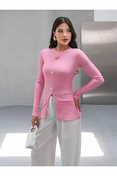 cemo Gold Düğmeli Yırtmaçlı Bluz Pembe