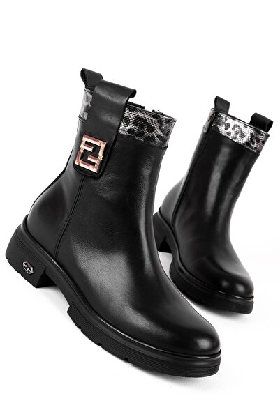 Lal Shoes & Bags Risus Kadın Hakiki Deri Yanından Toka Detaylı Fermuarlı Bot(4201)-siyah
