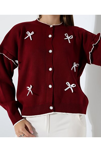 MODA Bow Detailed Ruffled Knitwear Skirt Top Crop Cardigan