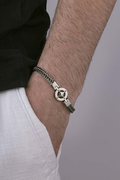 Gümüş Pazarım Polar Star Motif Chain Model Steel Men's Bracelet
