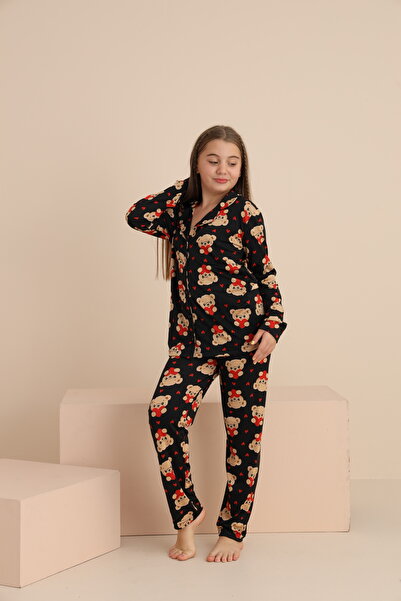 rindahomewear Kız Çocuk Yakalı Önü Düğmeli Pijama Takımı