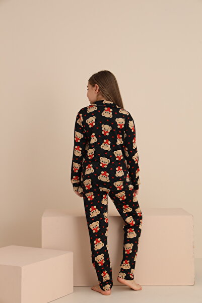 rindahomewear Kız Çocuk Yakalı Önü Düğmeli Pijama Takımı