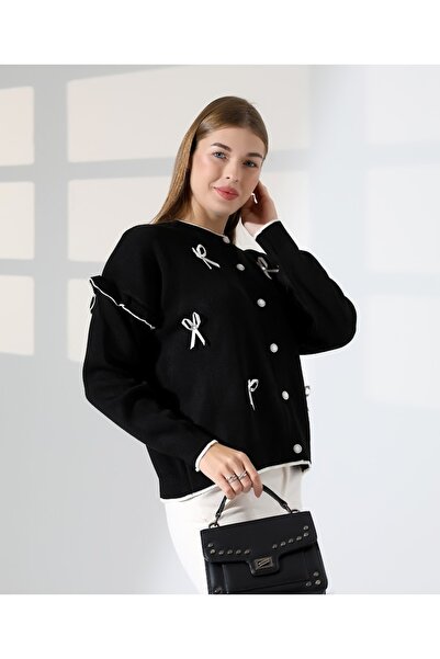 MODA Bow Detailed Ruffled Knitwear Skirt Top Crop Cardigan