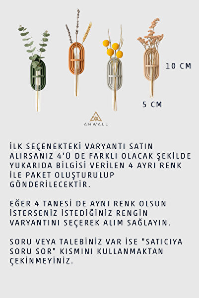 AHWALL Dekoratif Bohem 4 Adet Duvar Çiçekliği Cam Tüplü (4 Karışık Renk)