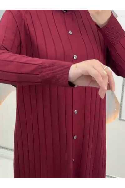 QUAWEAR Crew Neck Side Slits Cold Thread Stretchy Mercerized Fabric Cardigan