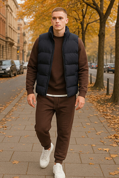 tiggirmoda Inflatable Vest and Oversize 3 Thread Crew Neck Thick Fleece Bottom Top Suit, Set of 3