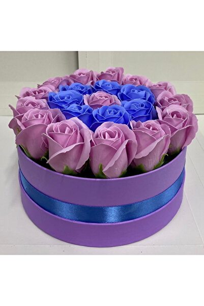 velve Aranjament floral Special Eternity in cutie rotunda cu 21 trandafiri sapun, Roz-bleu