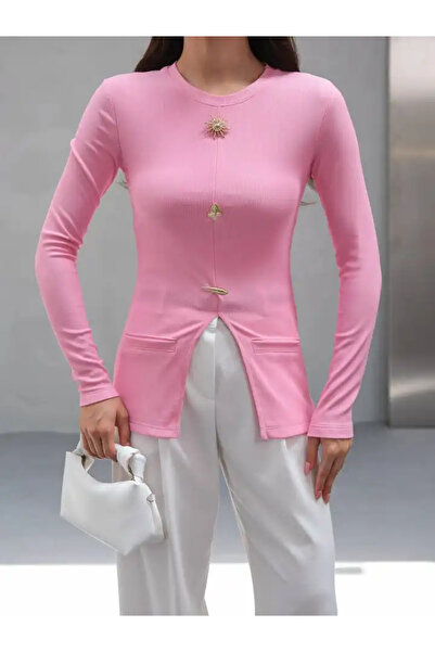 cemo Gold Düğmeli Yırtmaçlı Bluz Pembe