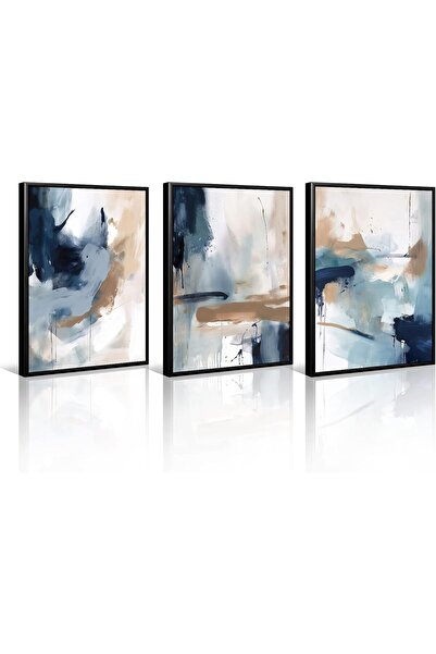 Emoda home Trove مجموعة من 3 لوحات فنية تجريدية باللون الأزرق الداكن، مطبوعة ...