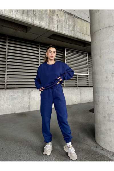 Moda Banuş Crew Neck Raised Navy Blue Tracksuit Set