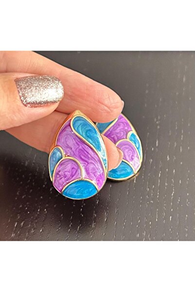 julee.co Vintage Mor ve Mavi Mineli Damla Küpe(3,3x2,2cm)