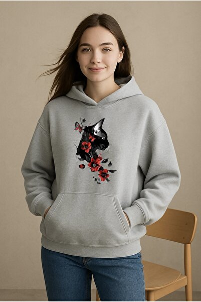 FUFLUNS سترة بقلنسوة كبيرة الحجم مطبوعة عليها قطة ذات زهرة حمراء للجنسين (نسا...