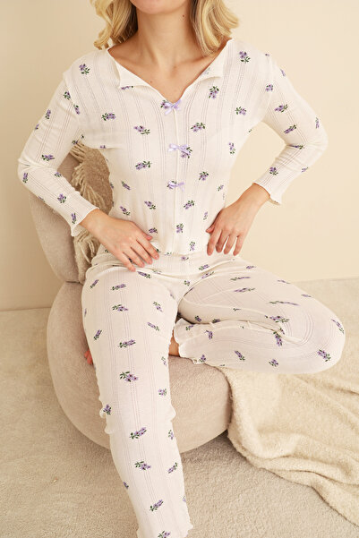 Ecru Floral Patterned Cotton Openwork Perforated Knitted Pajama Set7927-9
