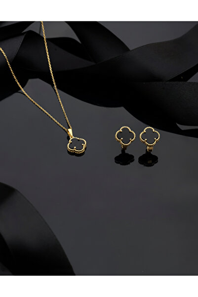 Roza Silver 925 Ayar Oniks Taşlı Gold Yonca Kolye Küpe 2'li Gümüş Set-Takım