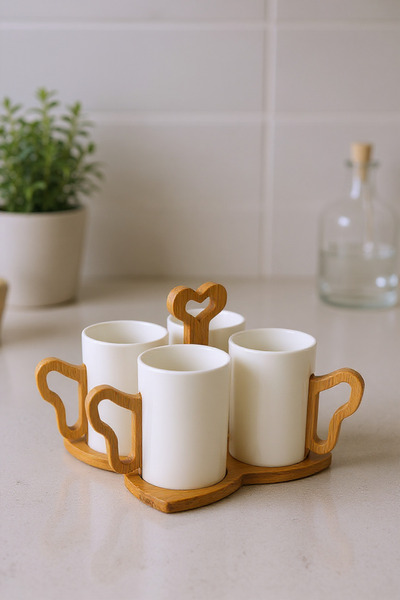 Bambum طقم أكواب فوجو مكون من 4 قطع مع حامل من الخيزران